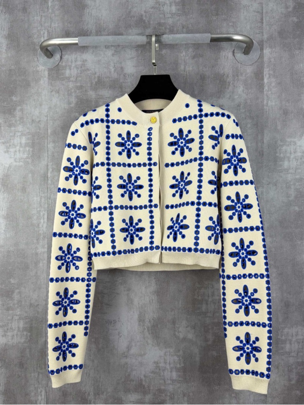 Authentic Louis Vuitton White Cropped Knit Jacket with Blue Floral Motif